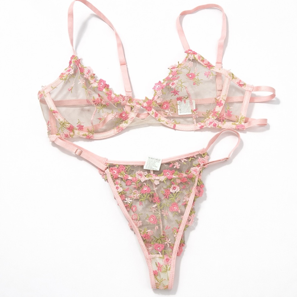 NWOT Sheer Floral Embroidered Lingerie Set Pink Mesh Bra & Thong L